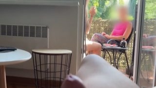 Anastasia Ocean - My husband is jerking off and cum in front of my a while we talk on balcony